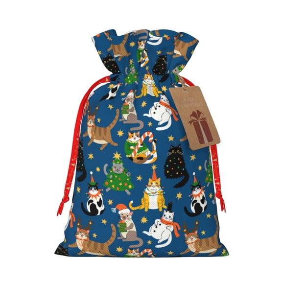 Honeii Different Cats Christmas Print Small Burlap Bags,Christmas Drawstring Treat Bags Gift Bags Reusable Candy Goodie Wrapping Bags for Holiday Party Favors Supplies -Small