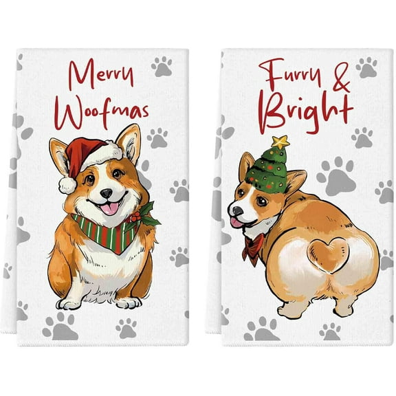 Christmas Kitchen Towels Corgi 16 x 24 Inch Set of 2 Dish Towels Hand Towels for Winter Holiday Home Indoor Bathroom Party Dining Decor Gifts