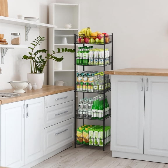 5-Tier Freestanding Soda Can Organizer for Pantry - Sturdy Metal Water Bottle Holder for Kitchen Storage & Tumbler Rack with Guardrails