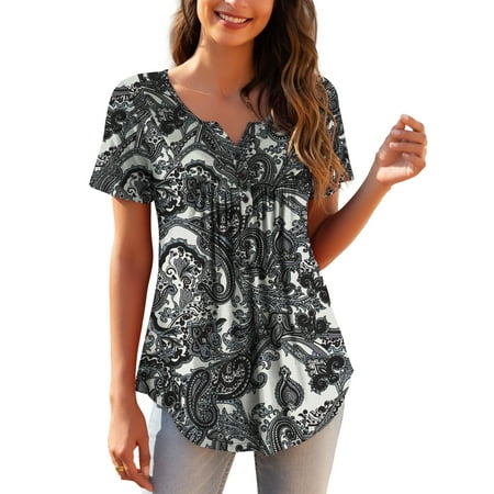 a.Jesdani Womens Plus Size Tunic Tops Short Sleeve Casual Floral Henley Shirts m-4x