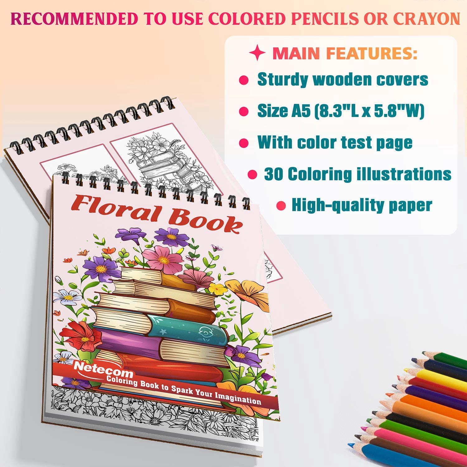Netecom Floral Book Coloring Book Spiral Bound for Adults, A5 Wooden Cover, 30 Large Print Coloring Pages of Book and Flower for Stress Relief and Relaxation