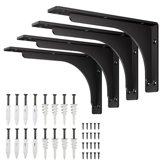 TIDITA 10" x 6" L Bracket with Beam - Shelf Brackets Black 300 Lbs Capacity - Heavy Duty Shelving Brackets for Floating Shelves - Wall Mounted Support for DIY – Mounting Hardware Included (Pack 4)