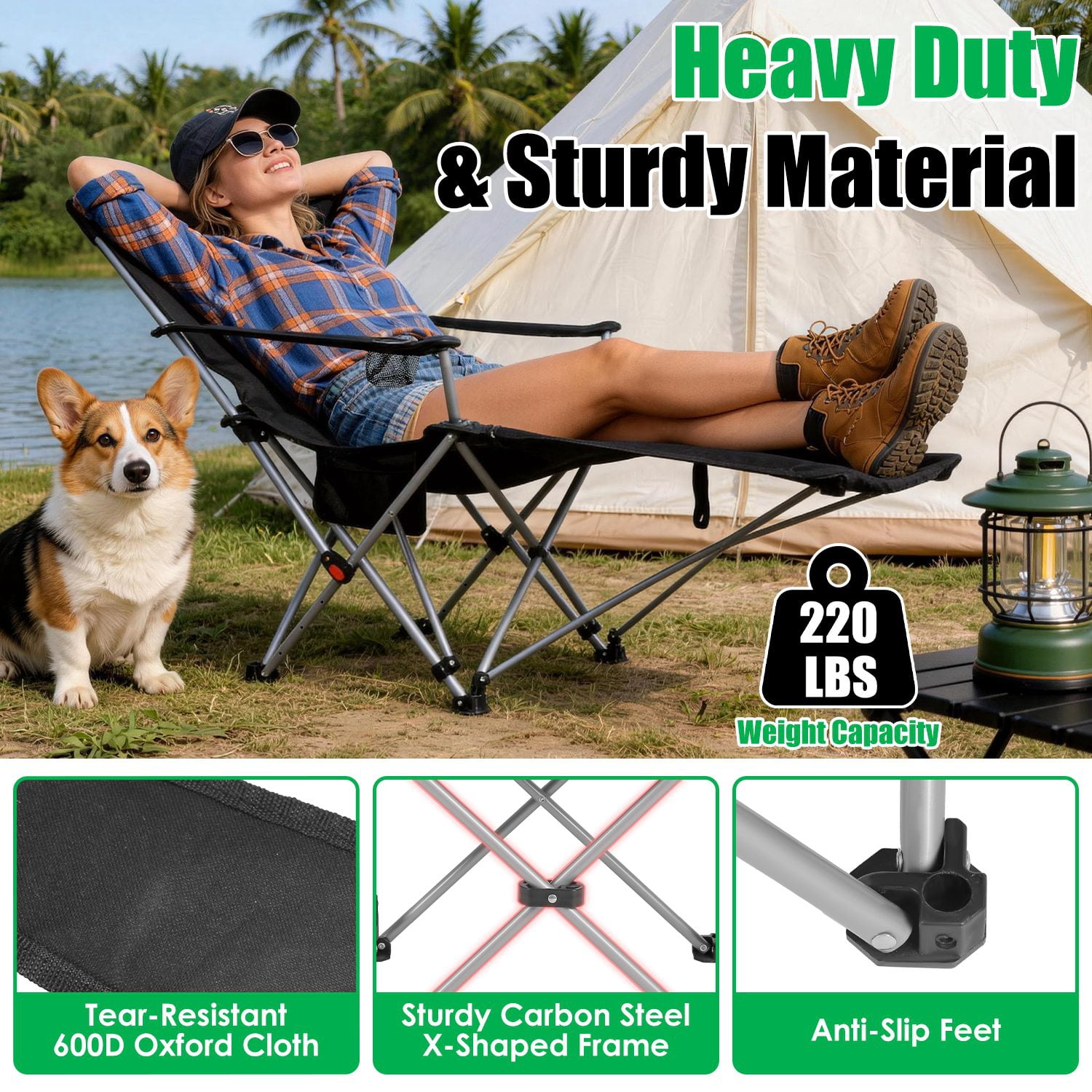 4-Position Reclining Folding Camping Chair with Detachable Footrest, Carbon Steel Frame Waterproof 600D Oxford Lawn Chair with Cup Holder Side Pocket for Fishing Beach Backyard