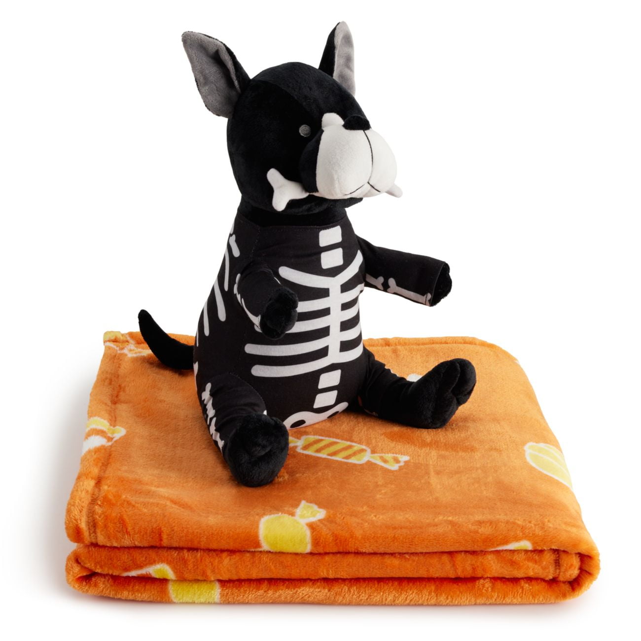 Plush Halloween Throw Blanket & 12" Skeleton Dog Stuffed Animal 2 Pc Hugger Set
