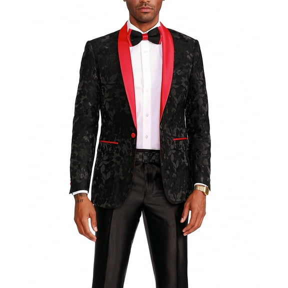 TZ Men's Premium Prom Floral Satin Shawl Collar Jacket, Black/Red