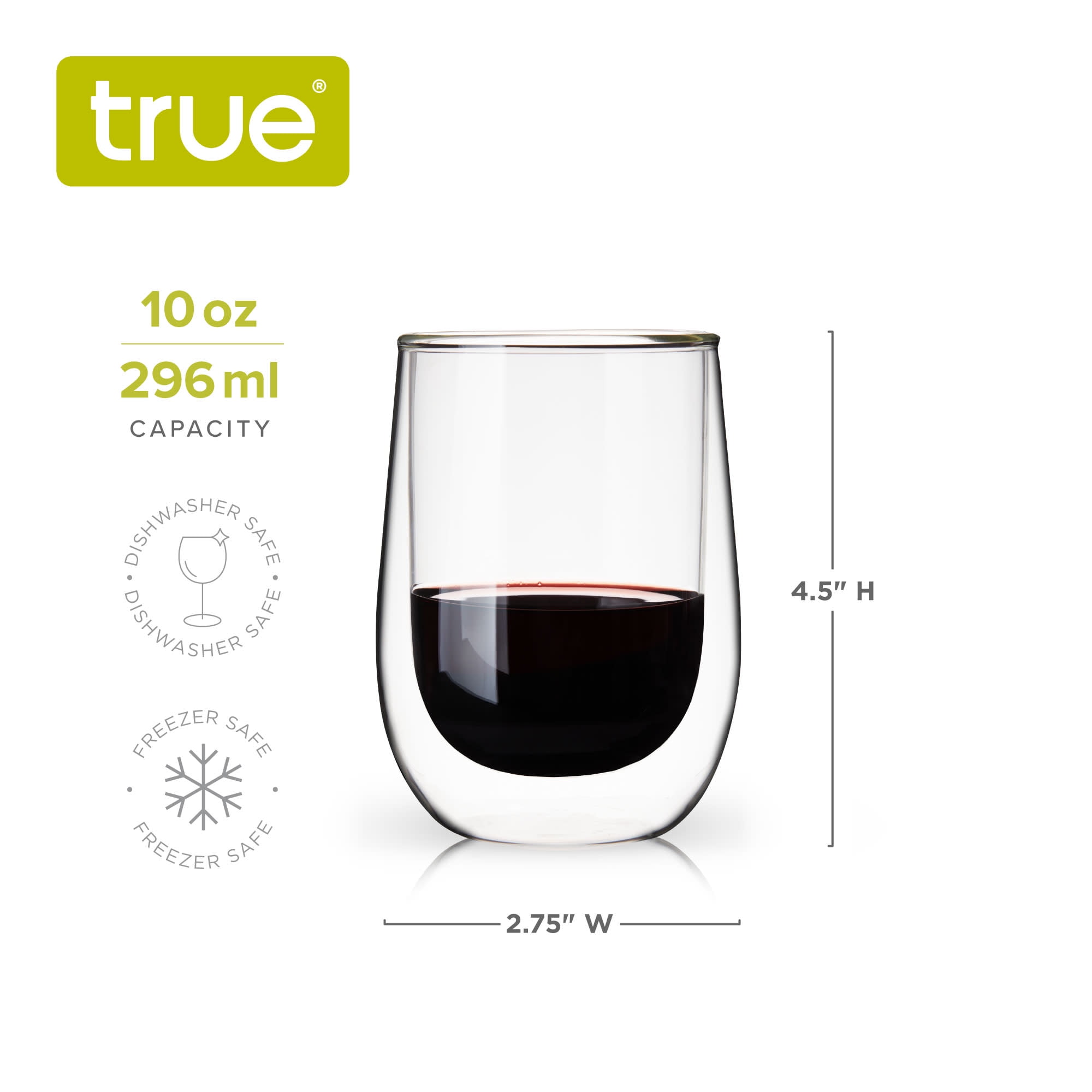 True Insulated Wine Glasses, Kitchen and Home Bar Glassware, 10oz Set of 2
