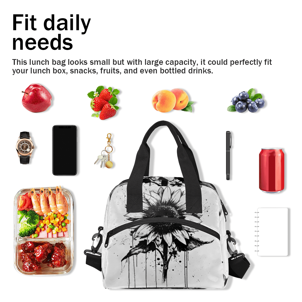 Herdesigns Sunflower Black Insulated Lunch Bag for Women Men Adults Large Reusable Lunch Box Leakproof Portable Cooler Tote Bags with Adjustable Shoulder Strap
