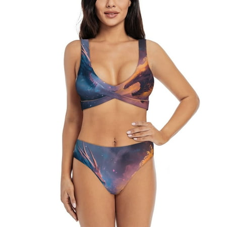 Zeuib Watercolor Sky Dragon High Waisted Tummy Control Bikini Set - Knot Front Push Up Top & Cheeky Thong Bottom  Two-Piece Swimsuit for Women-XX-Large