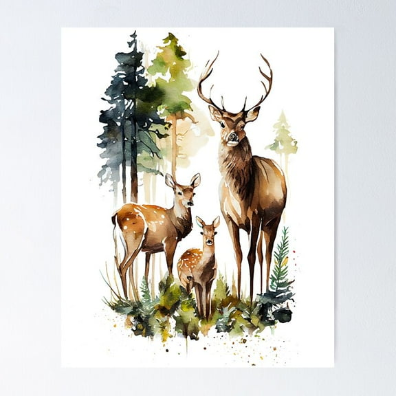 POSTER Majestic Deer Family Wildlife Collection - Watercolor Art | Digital Art POSTER UNFRAMED, 8x12