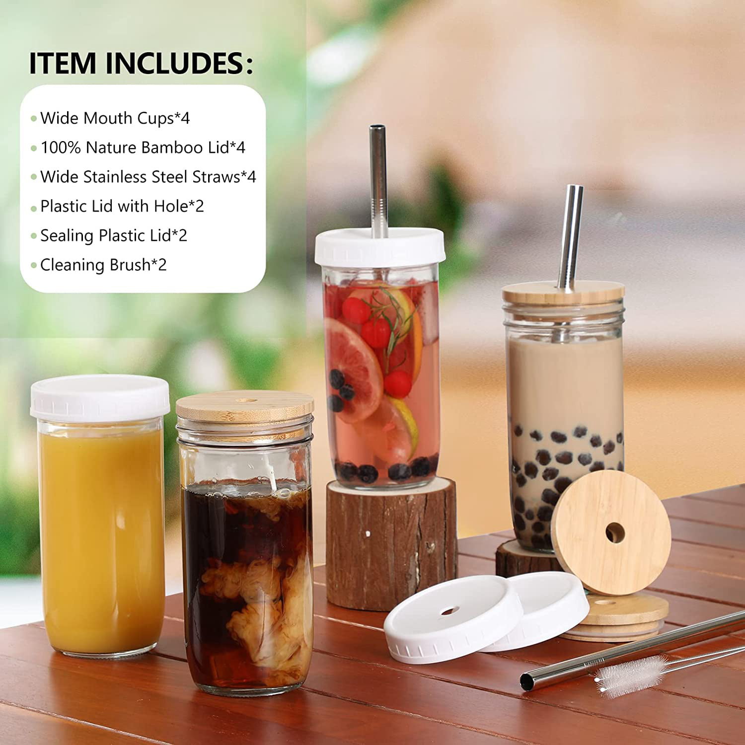  [ 4 Pack ] Glass Cups Set - 24oz Mason Jar Drinking Glasses w  Bamboo Lids & Straws 2 Airtight Cute Reusable Boba Bottle, Iced Coffee  Glasses, Travel Tumbler for Bubble