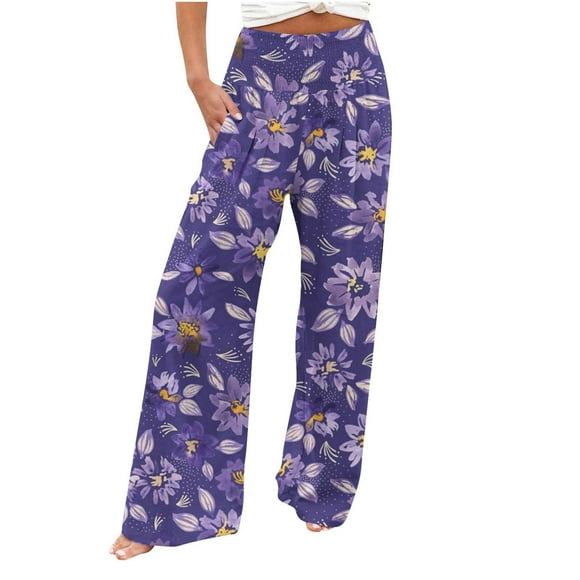 Palazzo Pants for Women Elastic High Waist Boho Beach Wide Leg Pants Baggy Flowy Casual Pants Trousers with Pockets