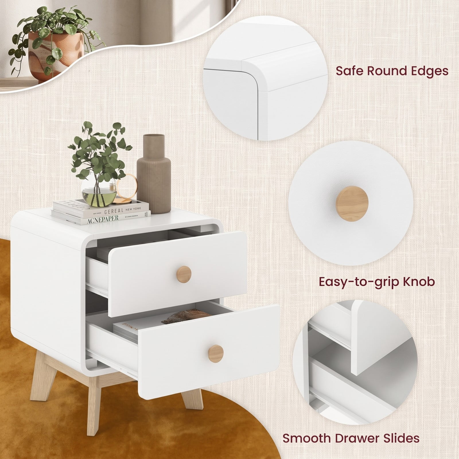 Furnibear Nightstand Set of 2 with 2 Drawers Each and Solid Rubber Wood Legs, Mid-century Bedside Tables for Bedroom, White