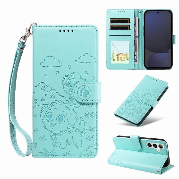 Case for Samsung Galaxy S24 Fe Pocket Wrist Strap Leather Card Slot Holders Dog Embossed