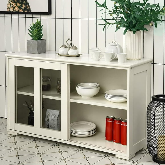 BANGTANE Kitchen Storage Sideboard, Buffet Cabinet w/Adjustable Shelf & Sliding Transparent Door, Stackable Cupboard for Dining Room, Ideal for Living Room, Entryway (Antique White)