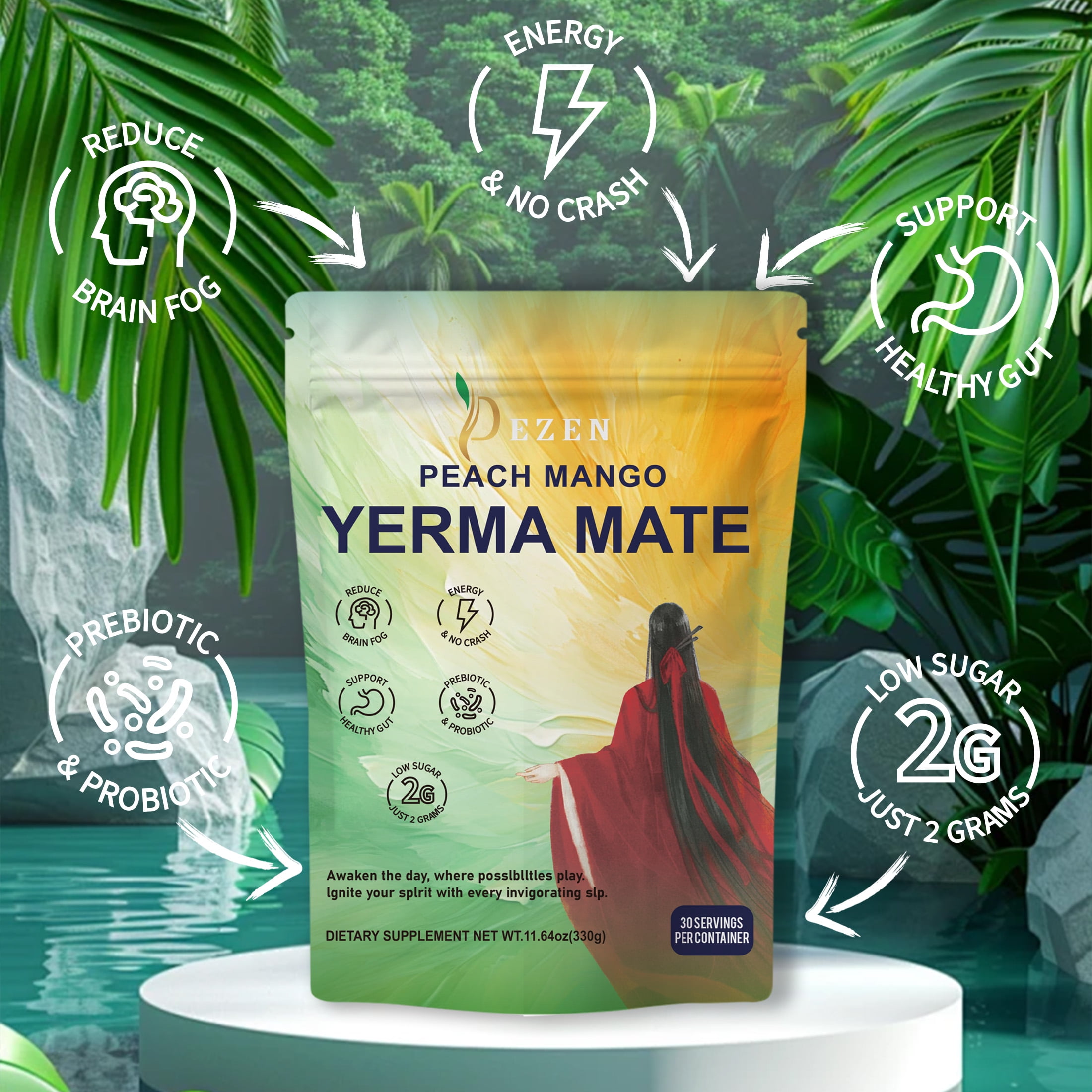 DEZEN Combo Pack Calm Magnesium Powder Drink Mix + Yerba Mate Instant Tea Powder