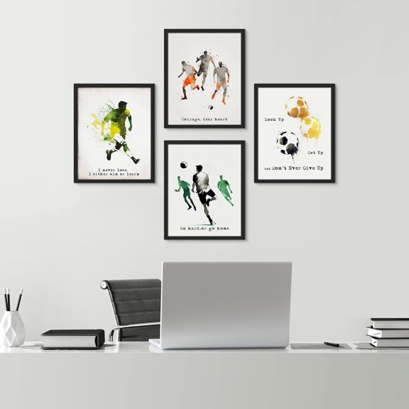 PixonSign Framed Paints Stroke Soccer Players Football Wall Art, Set of 4 Boy's Bedroom Illustration Wall Decor, Modern Adhesive Canvas Poster, Multicolor Contemporary Wall Décor - 12"x16" Black