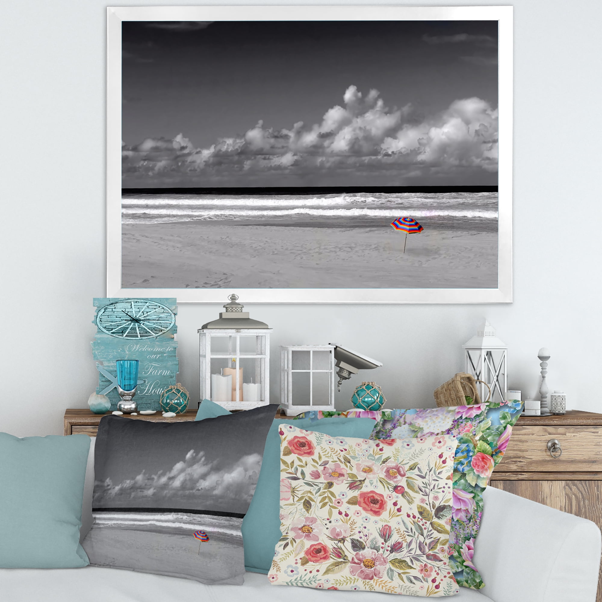 Designart 'Black and White Coastline Under Cloudy Sky' Lake House Framed Art Print