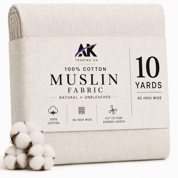 AK Trading 60" Wide Natural Muslin Fabric, 100% Cotton Fabric, Unbleached 10 Yards