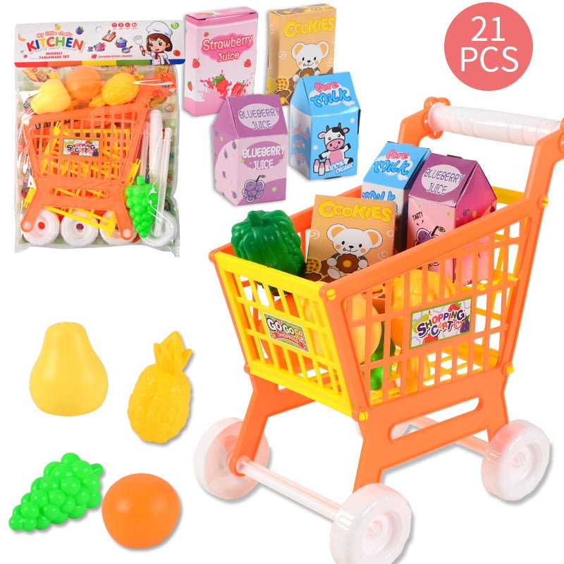 Gecau Pretend Shopping Grocery Cart Groceries Play Store Scanner Kit for Kids Shopping Cart Toys Educational Learning Toy Pretend Play Vegetables and Fruit Set Gift for Toddler Boy Girl 