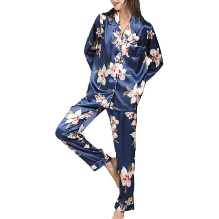 

CAITZR Women s Satin Pajama Set Classic Button Down Loungewear Long Sleeve Sleepwear Silk Pjs Set S-XXL