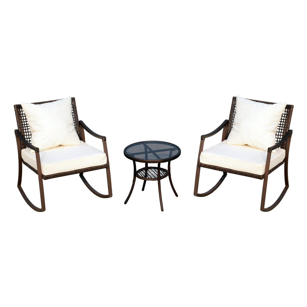 Outsunny 3 Piece Outdoor PE Rattan Patio Rocking Chair Set with Table Brown