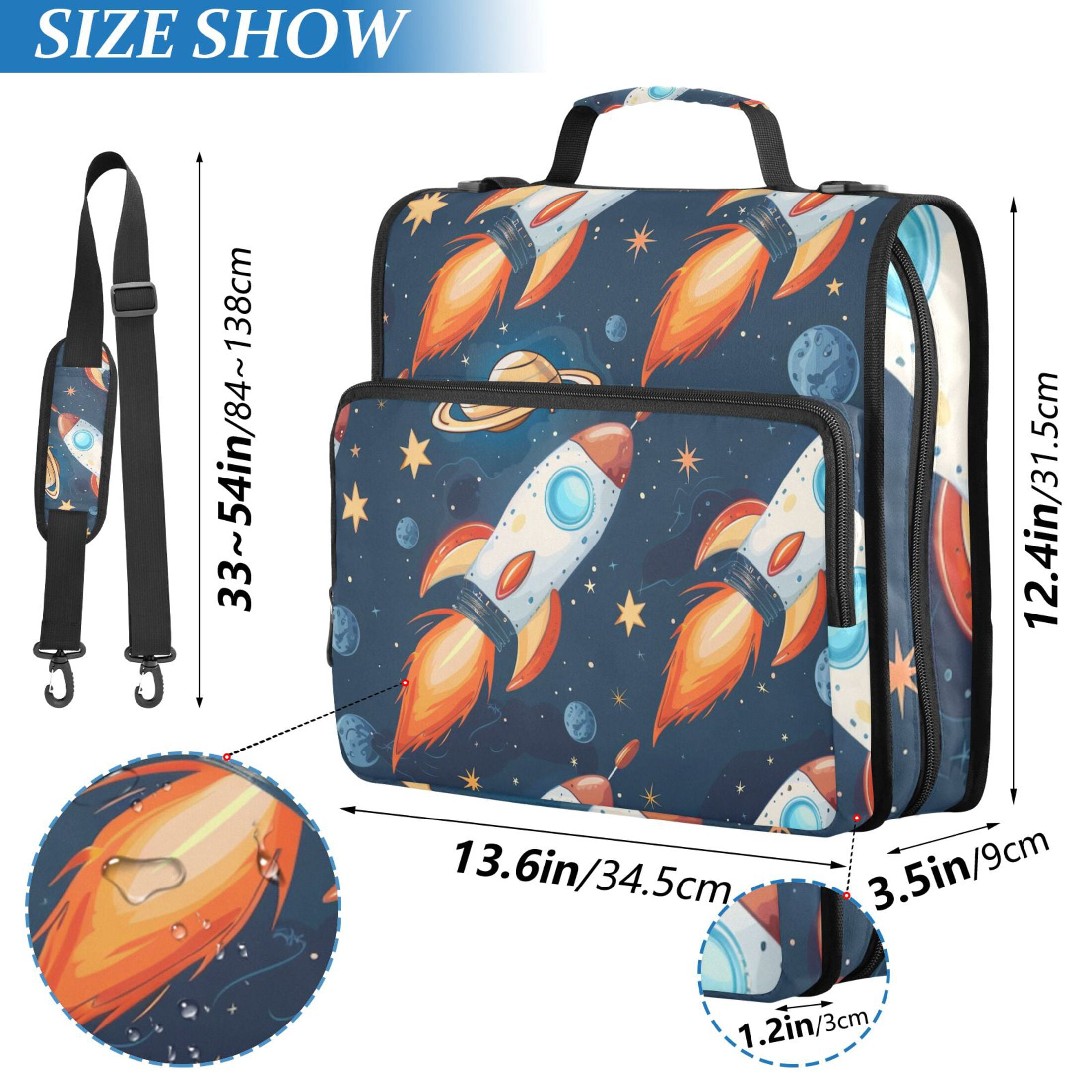 3 Ring Zipper Binder with Shoulder Strap Waterproof Trapper Keeper 2 Inch D-Ring 500 Sheets Capacity Cartoon Rocket Planet Star