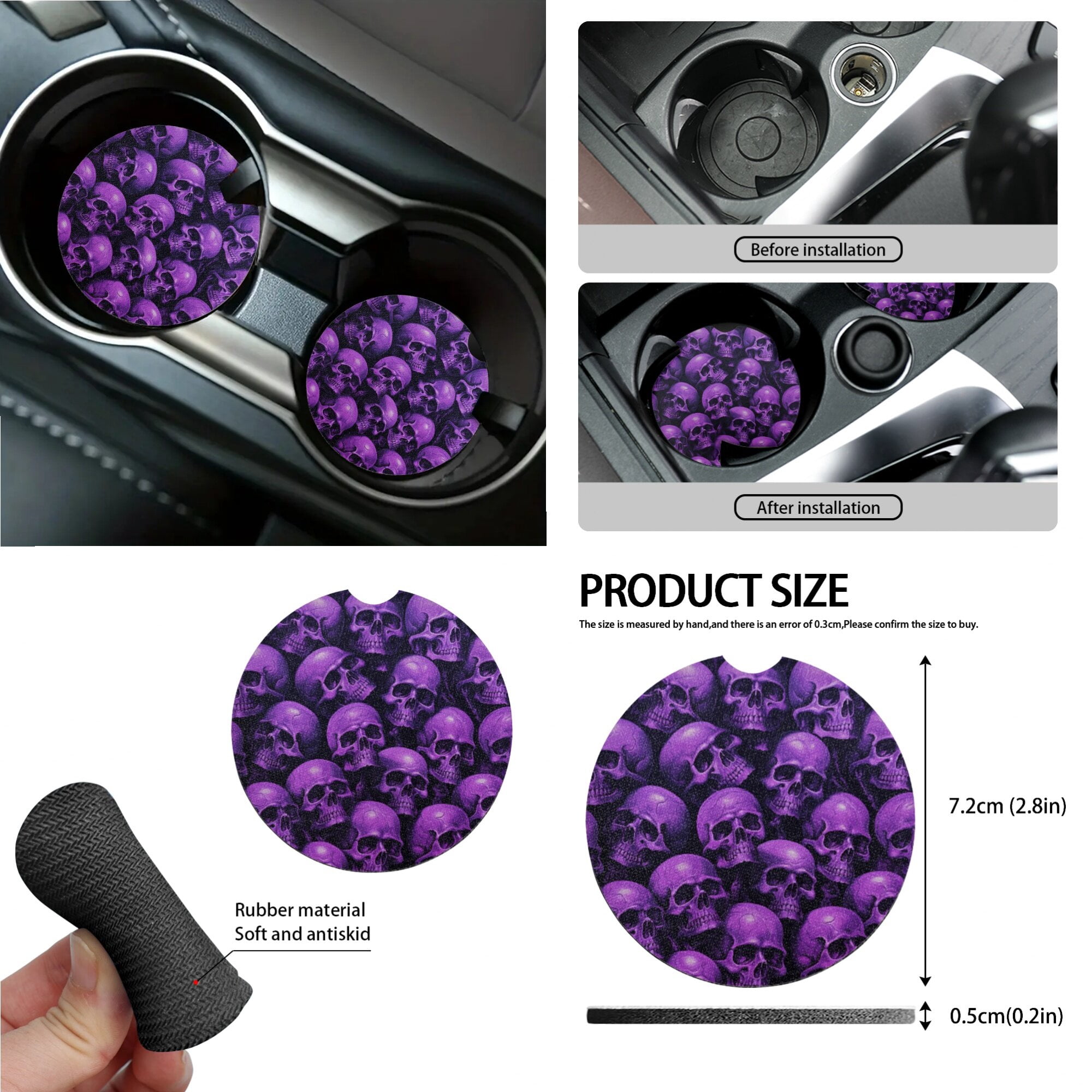 LedBack Skull Print Car Seat Covers Full Set 15Pcs Car Accessories Set Includes Front and Rear Split Bench Seat Cover Steering Wheel Cover Safety Belt Pads Rear View Mirror Protector