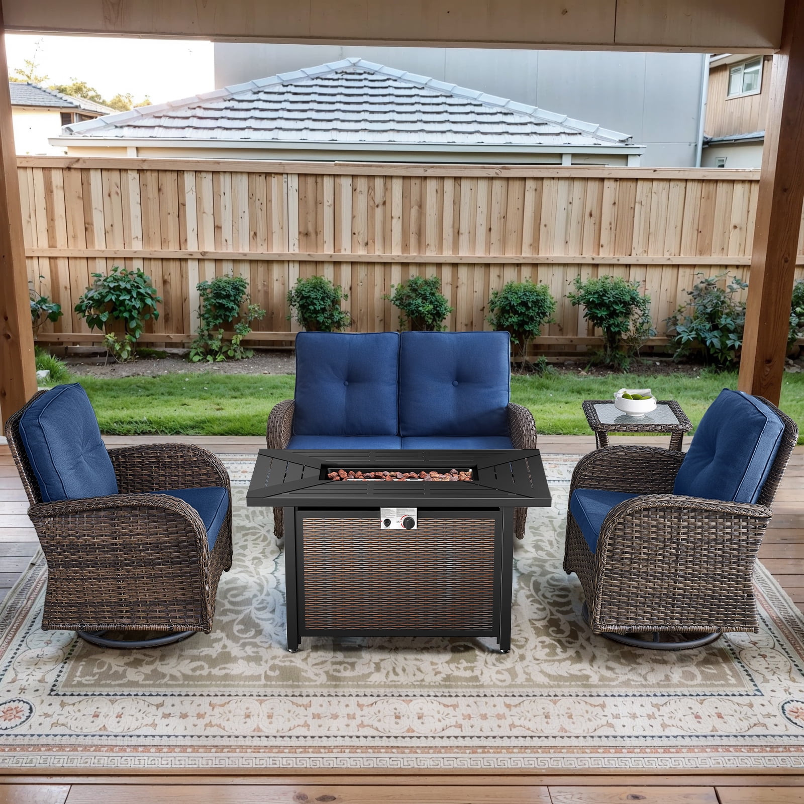 POCASSY 5 Pieces Fire Pit Table Set Patio Furniture with Glider Loveseat, All Weather Outdoor Conversation Set with Cushioned Patio Loveseat and Patio Swivel Chairs, Brown Wicker Blue Cushion