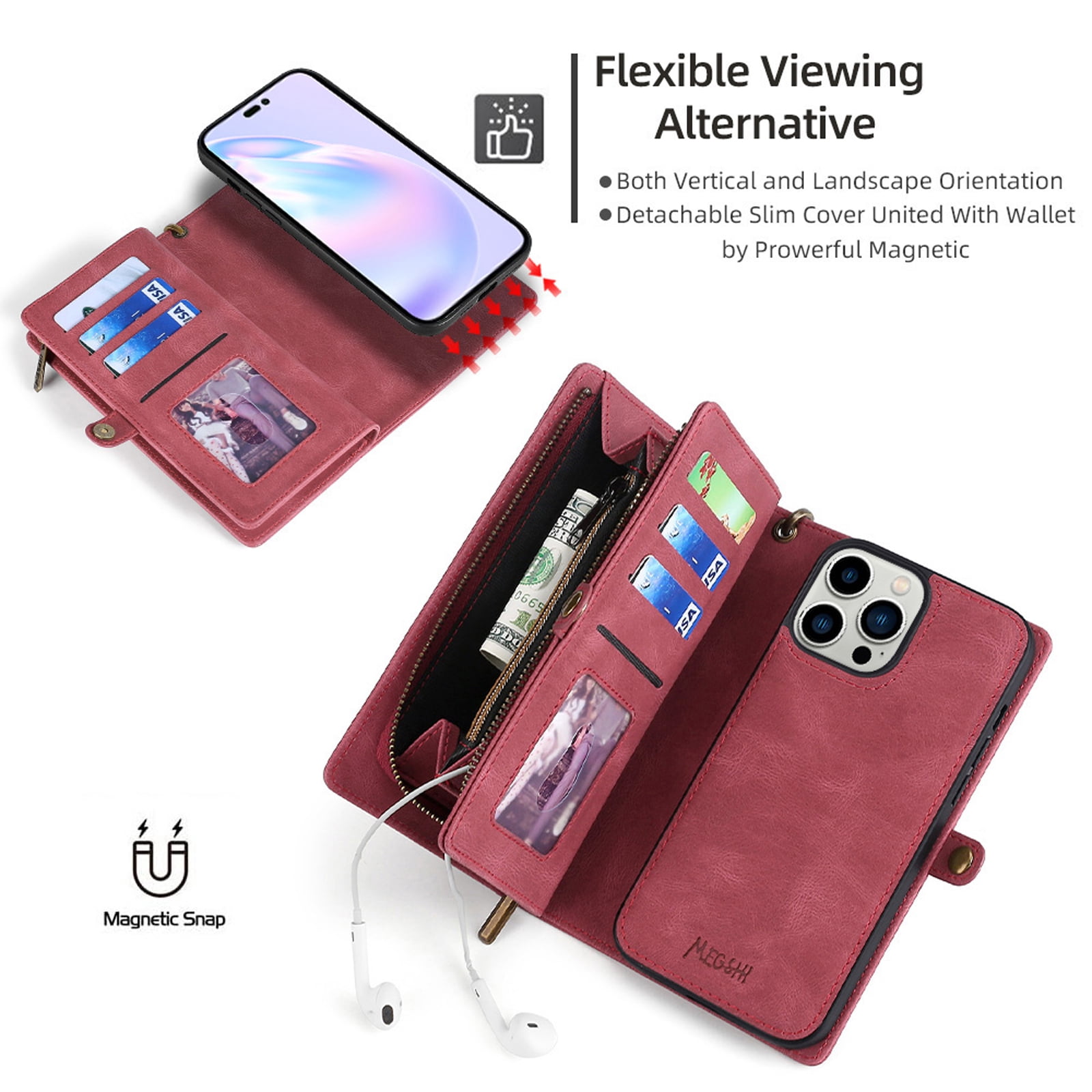 for iPhone 14 Pro Max Wallet Case, Durable PU Leather 2-in-1 Detachable Magnetic Flip Phone Case for iPhone 14 Pro Max Case Wallet with Card Holder Slots Zipper Pouch for Women Men,Red