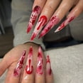 thumbnail image 3 of Tryvkinvive 24PCS Long Stiletto Press On Nails,Nude Base Red Drip Splatter Print Fake Nails,Reusable Full Cover Glue On Nails for Women Horror Halloween Costume, 3 of 6