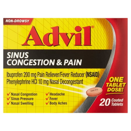 Sinus Tablet Vitamins - Advil Sinus Congestion & Pain (20 Count) Pain Reliever / Fever Reducer Coated Tablet, 200mg Ibuprofen, Nasal Decongestant, Sinus Pressure