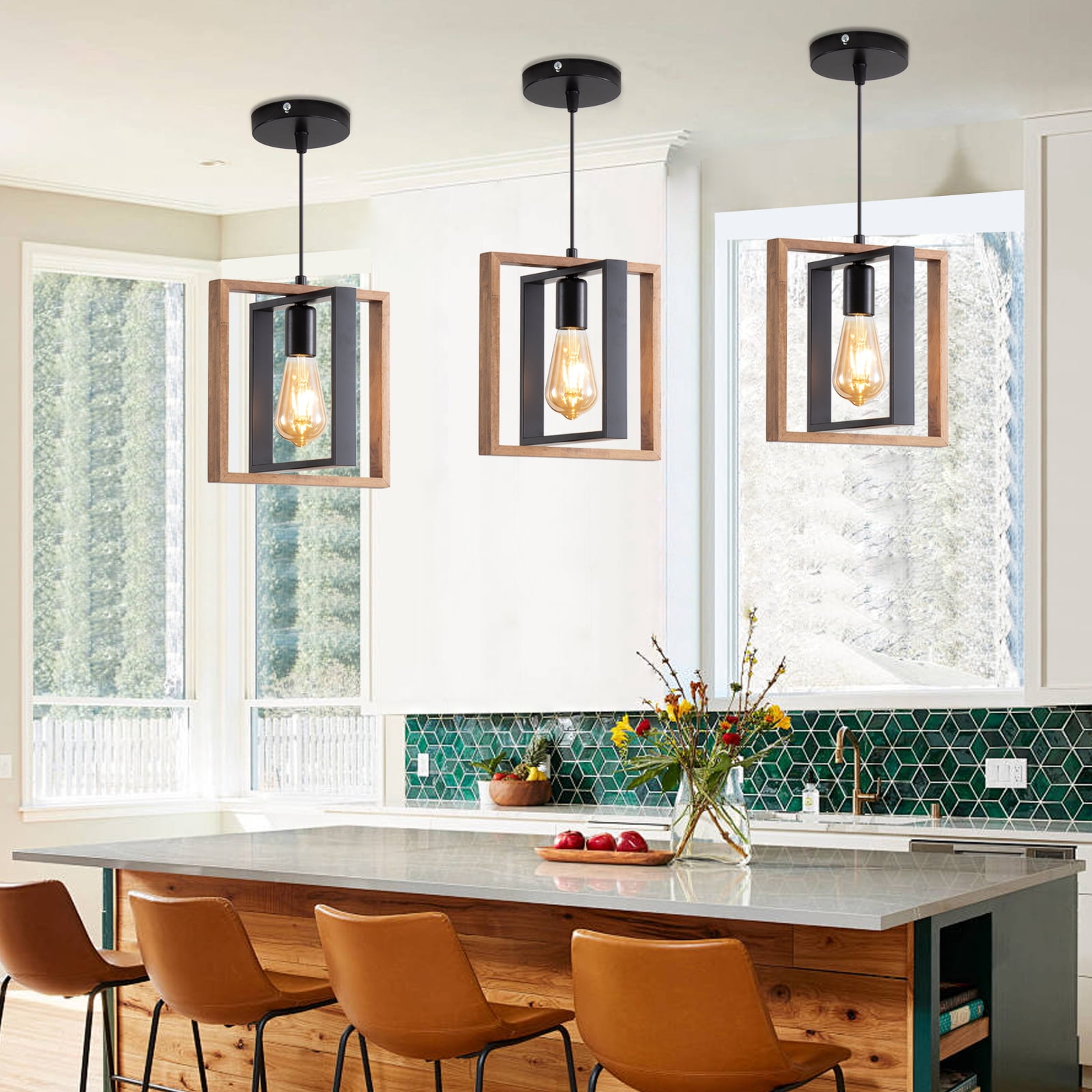 Farmhouse Pendant Light Fixture, Rustic Hanging Light Fixture with Wood Grain and Black Finish