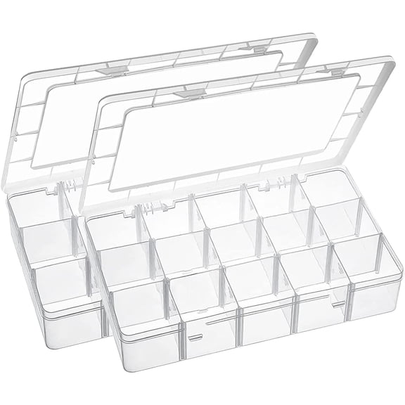 15 Large Grids Plastic Organizer Box with Dividers, 2 Pack Clear Compartment Container Storage for Washi Tapes Beads Crafts Jewelry Fishing Tackles, Size 11 x 6.3 x 2.2 in
