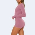 thumbnail image 5 of TMOYZQ Women's Short Onesie Pajama, Ribbed Knitted Long Sleeve V-Neck Bodycon Shorts Rompers Button-down One Piece Jumpsuit Bodysuit Overalls, 5 of 9