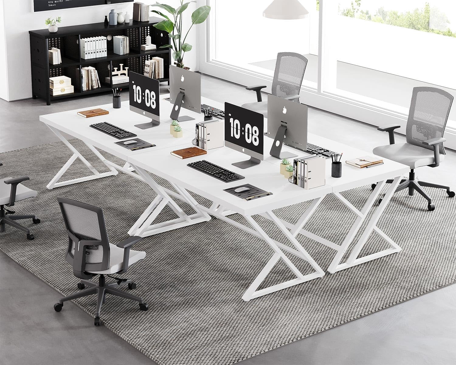 LVB White Computer Desk, Modern Wood Home Office Desk for PC Writing Work, Metal Wooden Executive Workstation Student Simple Desk, Computer Study Gaming Bedroom Table, 55 Inch, White Oak