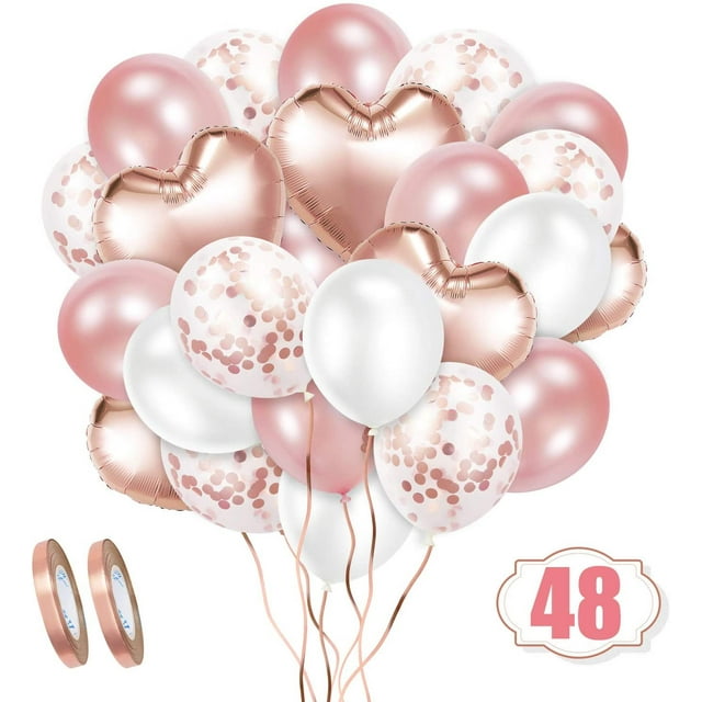 Juego de globos de oro rosa, juego de 48 globos de confeti de colores, cintas y globos de aluminio, utilizados para cumpleaños, bodas, baby showers, decoraciones navideñas y actividades comerciales