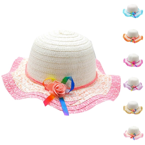 THDHVS Girls Hat,Wide Brim Straw Sun Hat Cute Style UPF Breathable Outdoor Beach Summer Hat for Kids Random Accessories Color,Kids Hat Light Blue Free Size