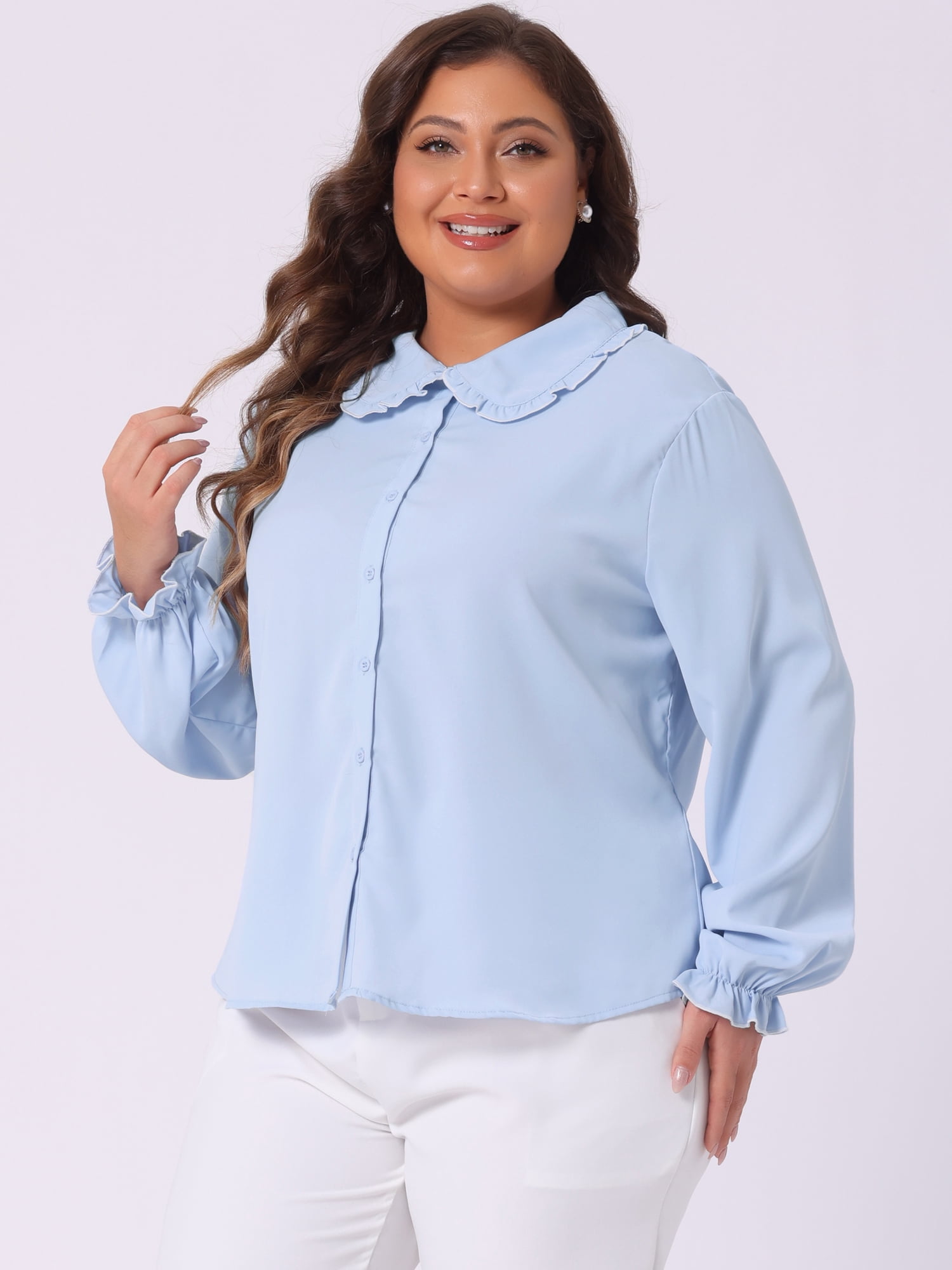 DARING DIVA Women's Plus Size Ruffle Long Sleeves Panper Pan Tops 1X Light Blue