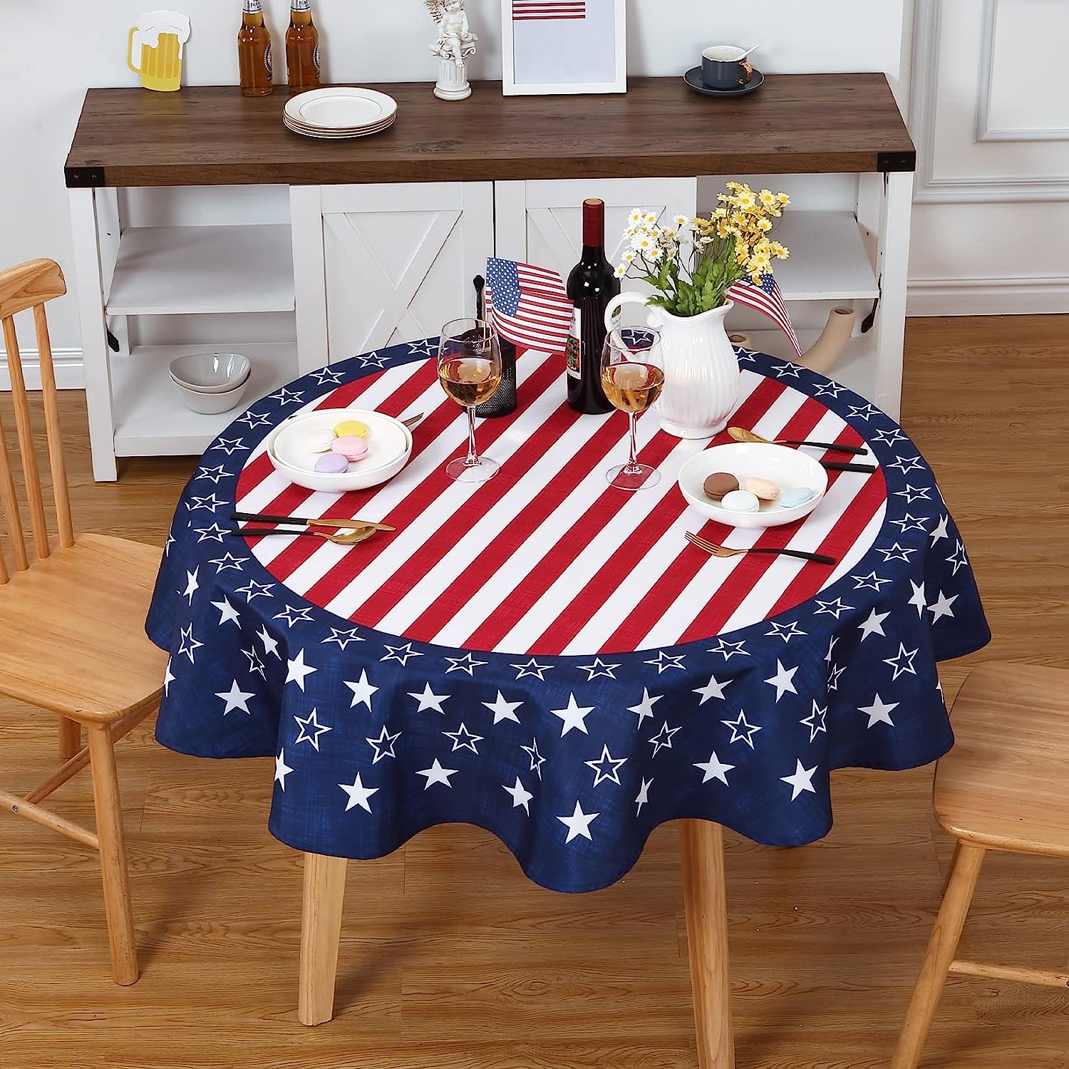 WISH TREE 4th of July Tablecloth Round American Flag Plastic Table Covers for Patriotic Party 