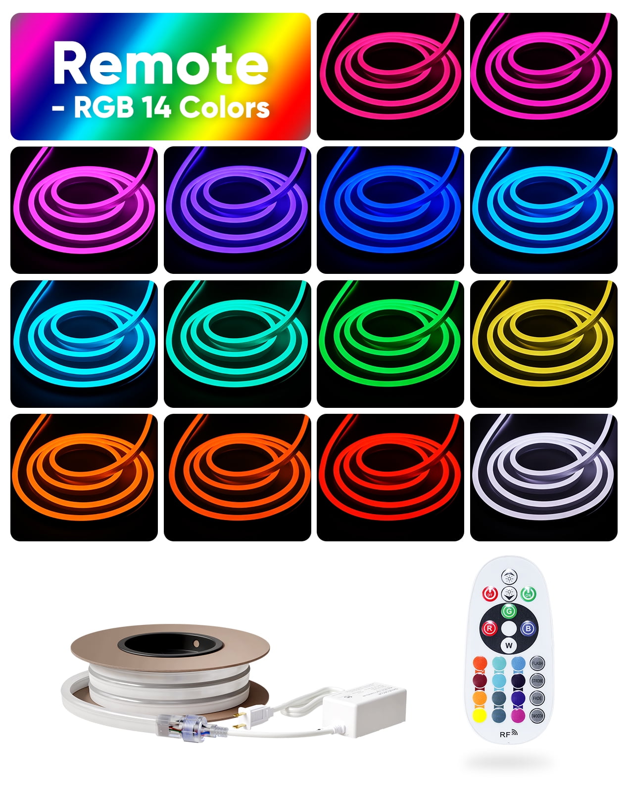Shine Decor 16FT LED RGB Neon Rope Lights, ETL-Listed AC 110-120V Neon LED Strip Lights SMD5050 80LEDs/m with Remote, Dimmable Multicolor Change Flexible Neon Rope Lighting Waterproof for In&Outdoor