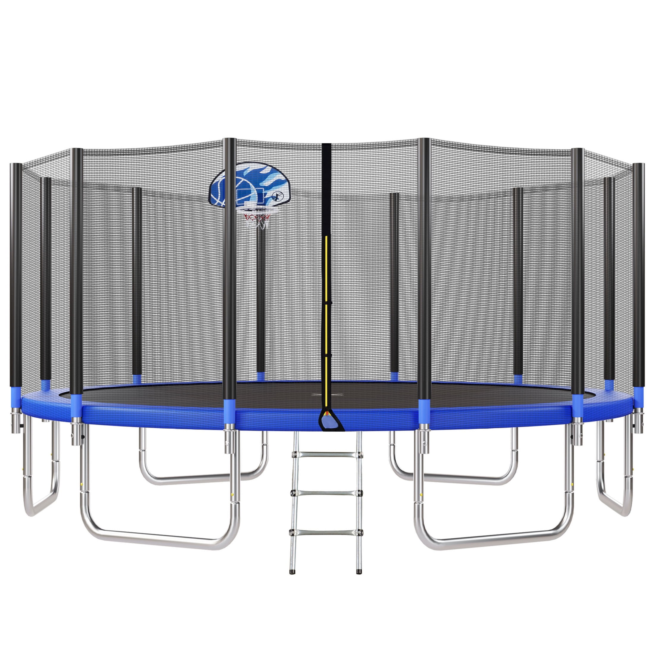 Noble House 16FT Outdoor Trampoline for Kids with Safety Net, Basketball Hoop and Ladder, Blue Metal Frame