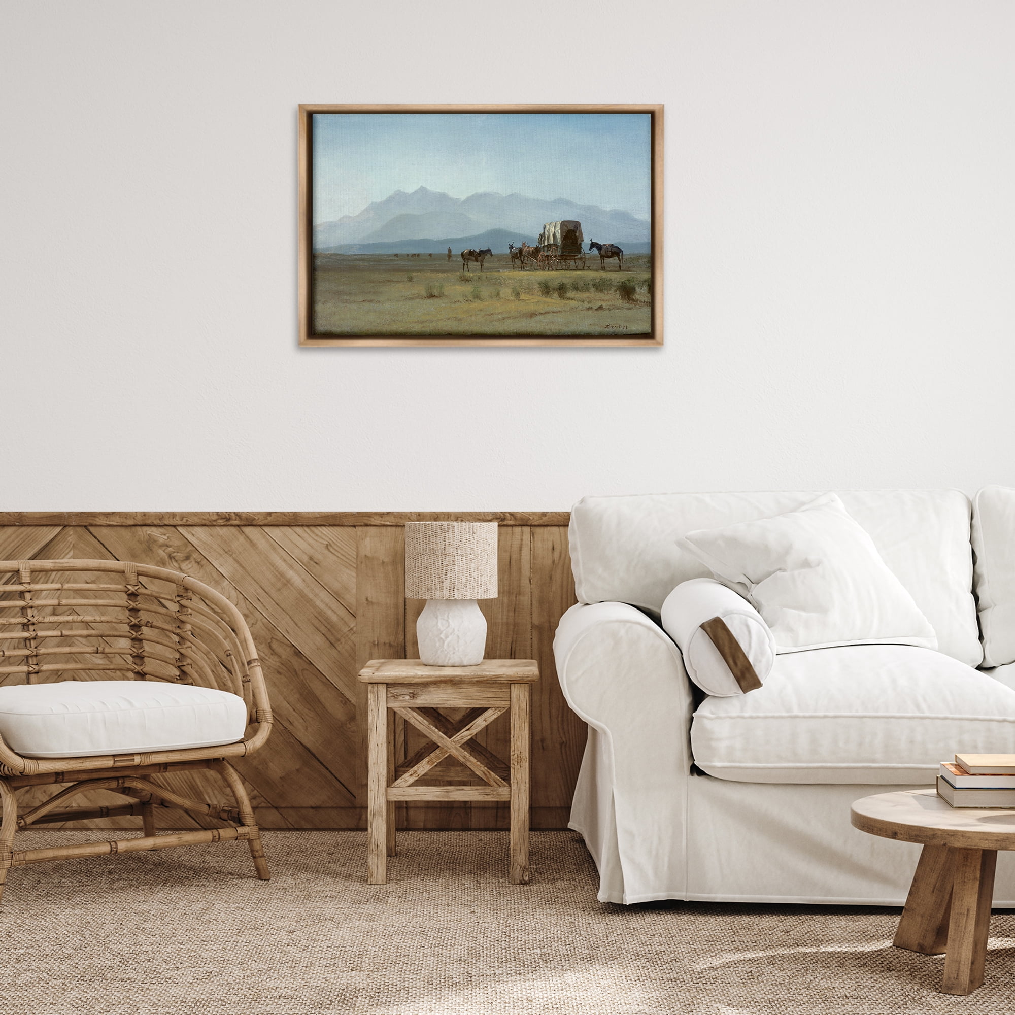 Stupell Industries Classic Bierstadt Surveyor's Wagon Landscape & Nature Painting Brown Floater Framed Canvas Art Print Wall Art, 31 x 21