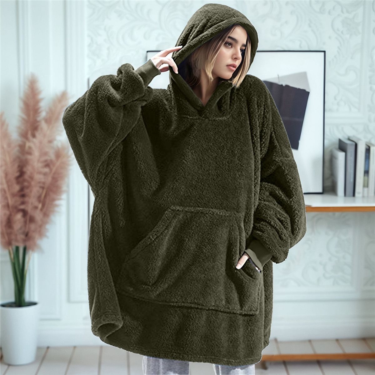 Oversized Blanket Hoodie Sweatshirt, Wearable Lounging Pullover for Adults Women Men Green One size