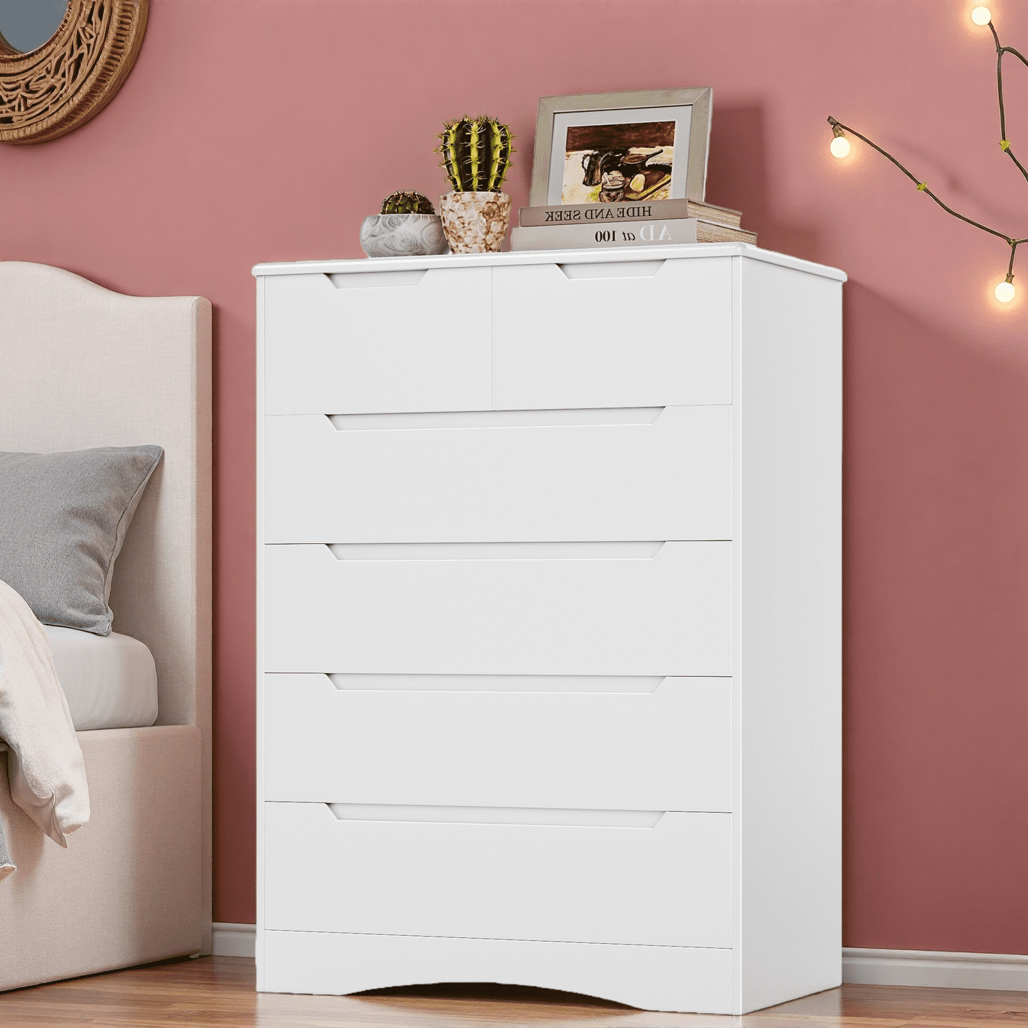 White Dresser, 6 Drawer Dresser Wooden Storage Cabinet for Bedroom, Home, Living Room