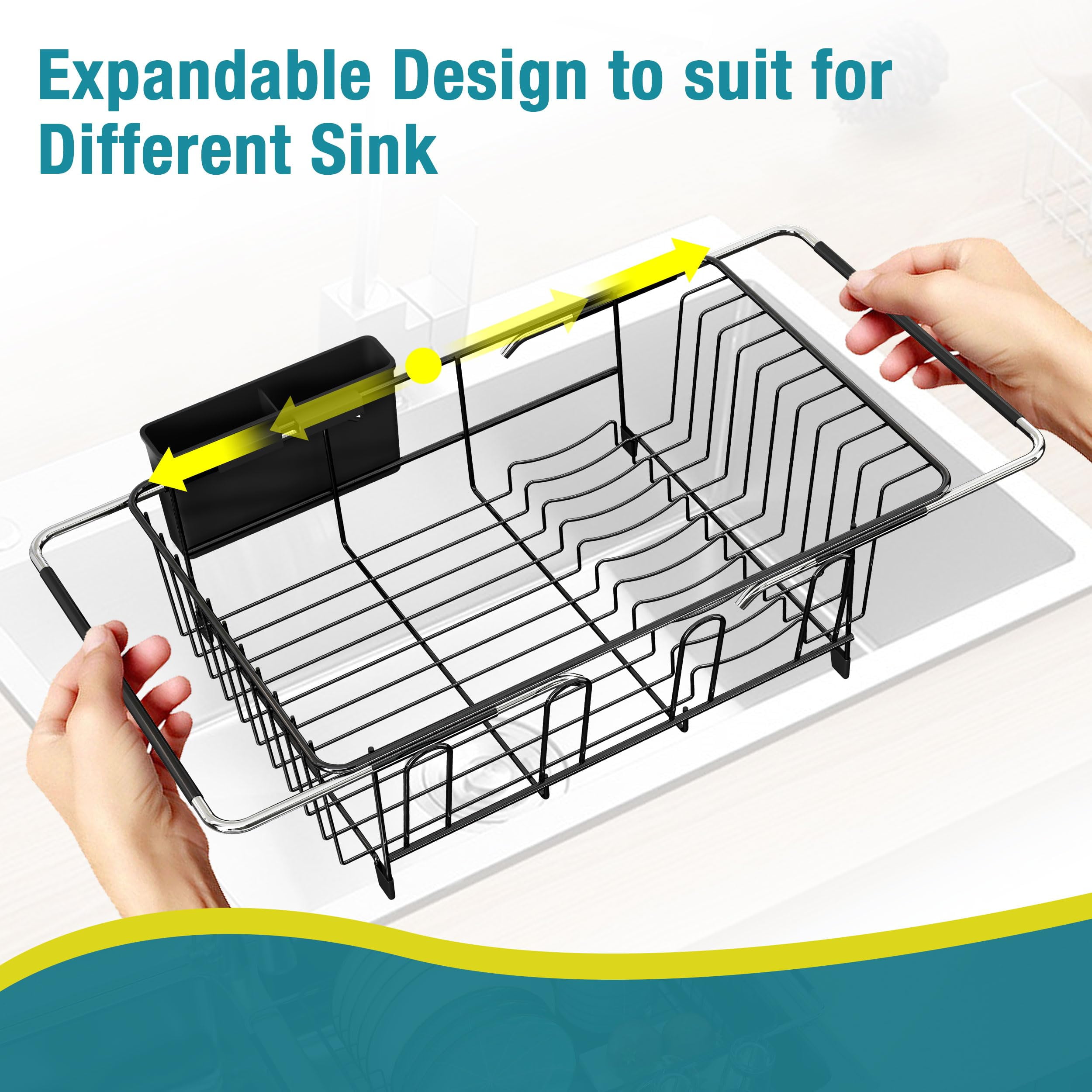 TAVENE Dish Drying Rack in Sink, Over The Sink Colander Strainer Basket, Stainless Steel Strainer Basket with Expandable Rubber Grip Handles for Vegetables, Fruits, Home Kitchen Essentials, Black