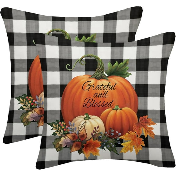 Fall Pillow Covers 18x18 Set of 2, Autumn Watercolor Buffalo Plaid Pumpkin Throw Pillows Linen Farmhouse Thanksgiving Fall Decor Outdoor Cushion Case for Home Sofa Bedroom Living Room