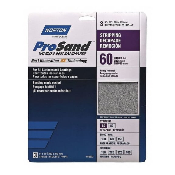 Norton Abrasives Sandpaper Sheet,Med,60 Grit,PK3 07660768164