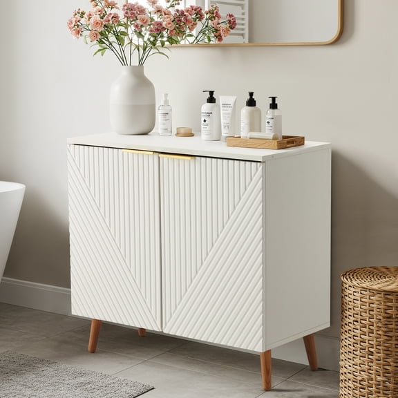 Stylish White Fluted Sideboard Cabinet with Adjustable Shelves & Multifunctional Wooden Accent Cabinet with Doors, Buffet Storage for Living Room, Dining Room, Entryway ,White/Black