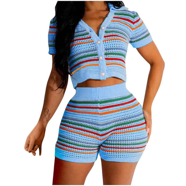 Ruimatai Summer Crochet Set Two Piece Womens Short Sleeve Striped Color Block Knit Button Top and Shorts V Neck 2 Piece Lounge Sets