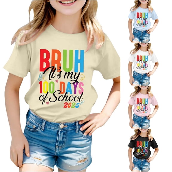 HCYSFG Girls Back To School Top 100 Days Of School Graphic Print Short Sleeve Crew Neck Relaxed Fit T Shirt School Activity Tee